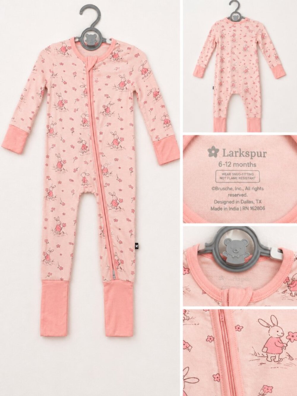 Larkspur Bunny Bamboo Zippy Pajamas 6-12M Pink EUC